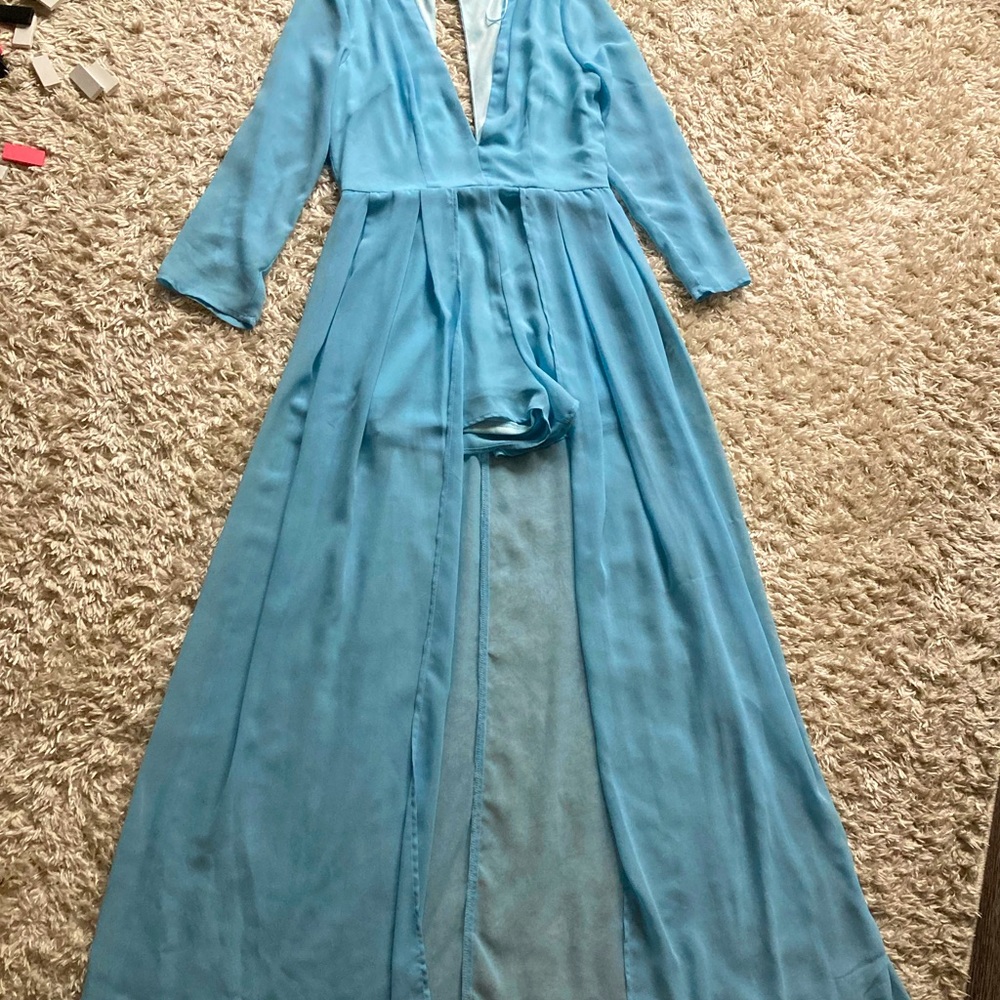 Shorts jumpsuit with long train light blue